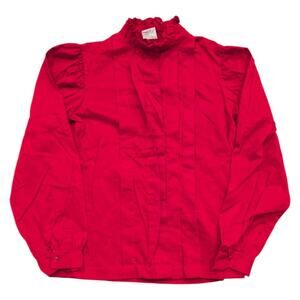 80s Youth Bright Red Ruffled Mock Neck Button- Up Shirt